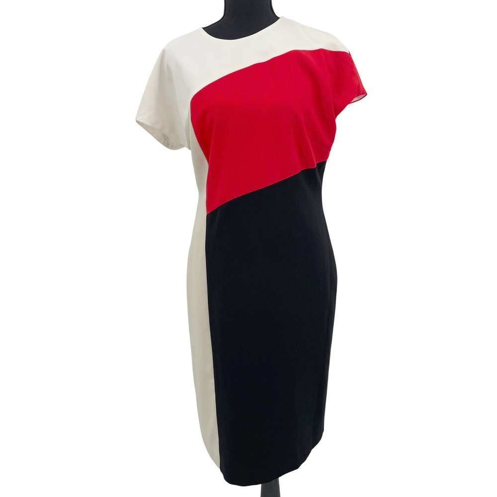 Anne Klein Colorblock Dress Womens 12P Red Black Poly Stretch Sheath Chic Work